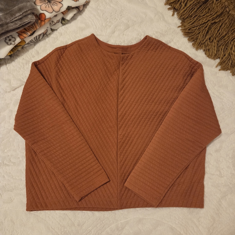 A New Day Retro Campfire Orange Quilted Women's Crew Neck Pullover Sweater Nwot